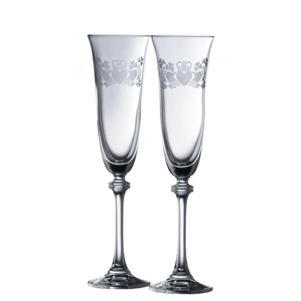 Claddagh Ring Shamrock Liberty Flute Glass Pair