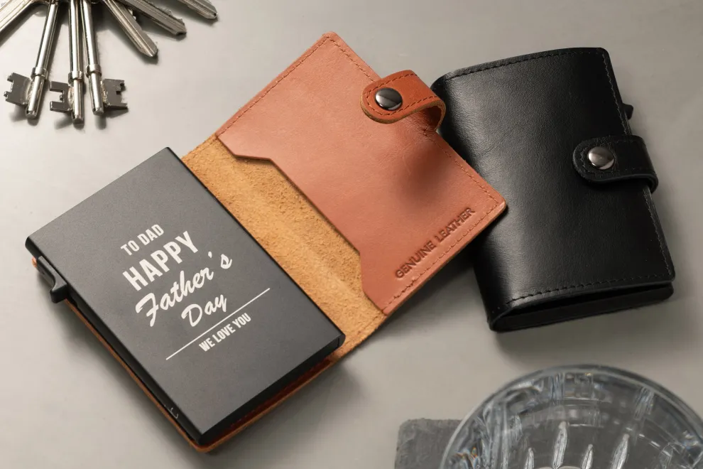 Engraved Black Leather Card Holder Wallet