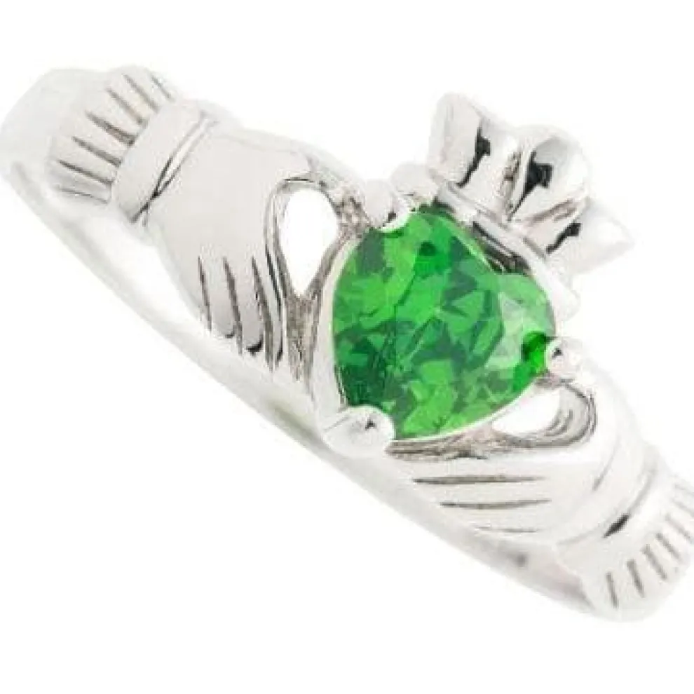 Green Crystal Claddagh Sterling Silver Ring