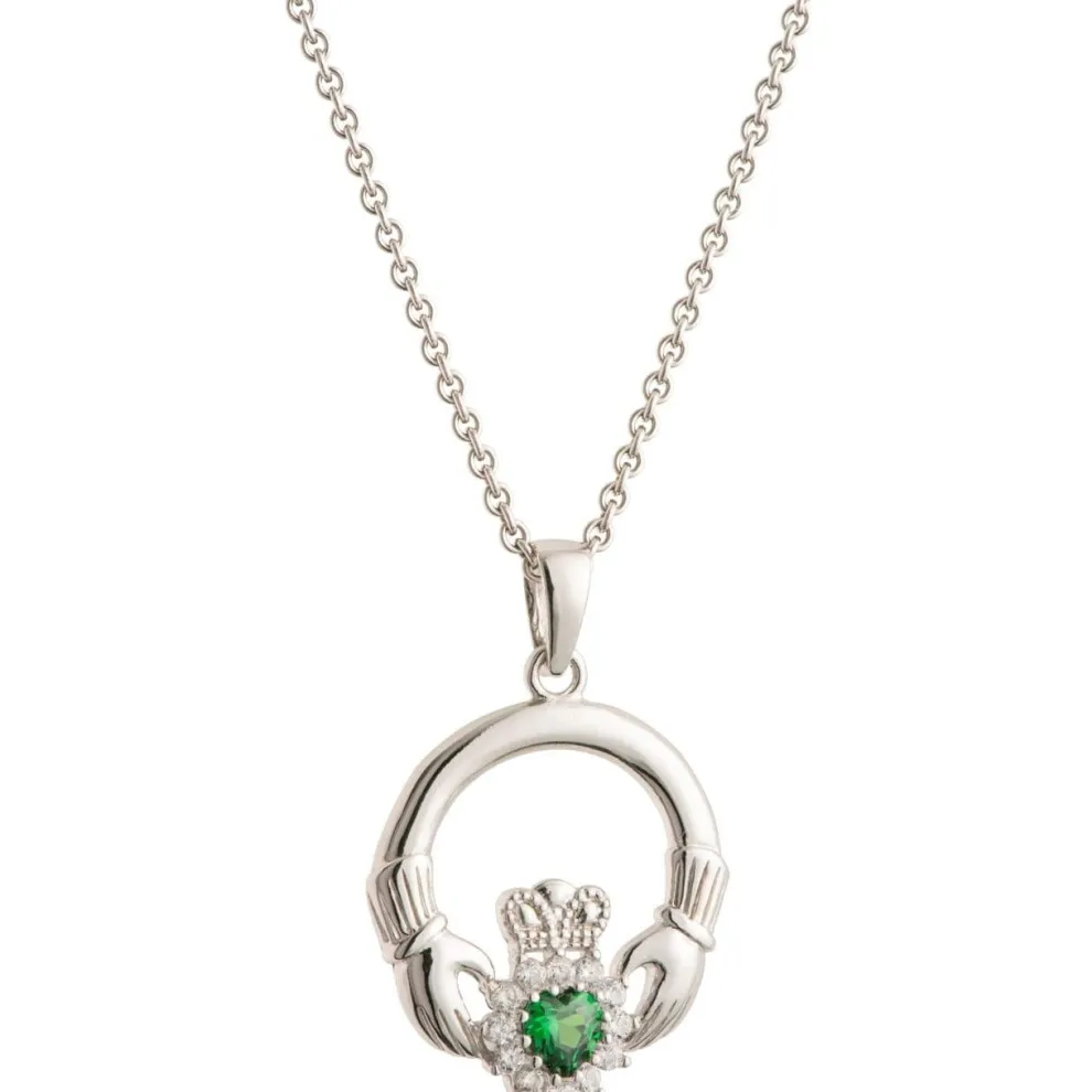 Green Crystal Sparkle Claddagh Silver Pendant
