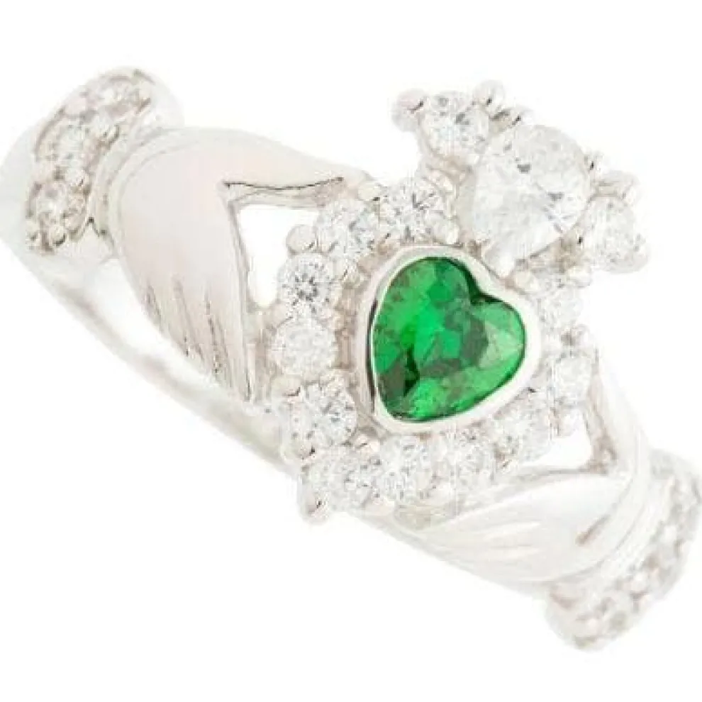 Green Crystal Sparkle Claddagh Sterling Silver Ring